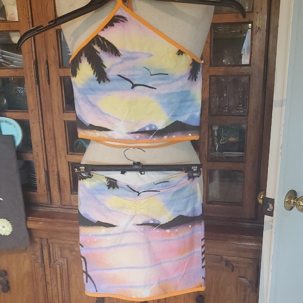 Sunset Print Halter Top and Skirt Set